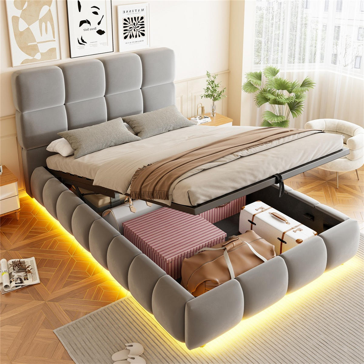 POLSTERBETT 90x200 cm mit LED Beleuchtung - hydraulischem Stauraum - Grau - Samt - ohne Matratze - Grau, Textil (90/200cm) - DELFA
