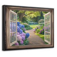 LEINWAND Bilder mit Rahmen - Aussicht - Garten - Fenster - Hortensie - Blumen - 40x30 - Pastellblau, Textil (40/30cm) - MuchoWow