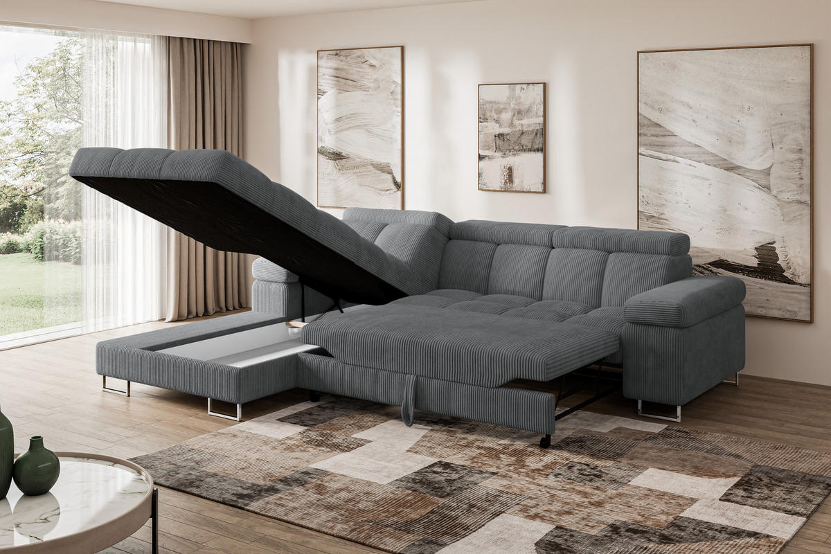 ECKSOFA mit Schlaffunktion Ottomane Links COMA L 271x203x79 Dunkelgrau Cord - Graphitfarben, Holzwerkstoff/Textil (271/203cm) - ALTDECOR