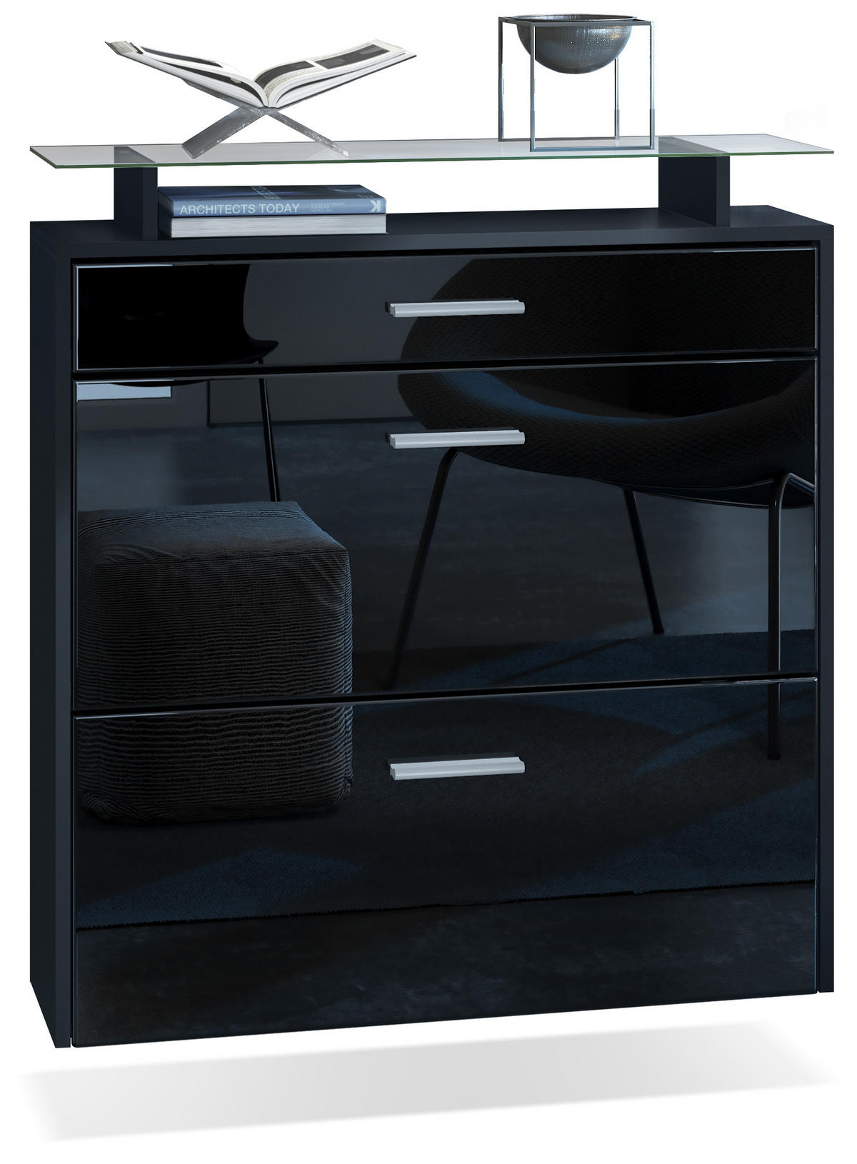 SCHUHSCHRANK Malea Front in Schwarz Hochglanz - Schwarz Hochglanz, Holzwerkstoff (89/96/23cm) - Vladon