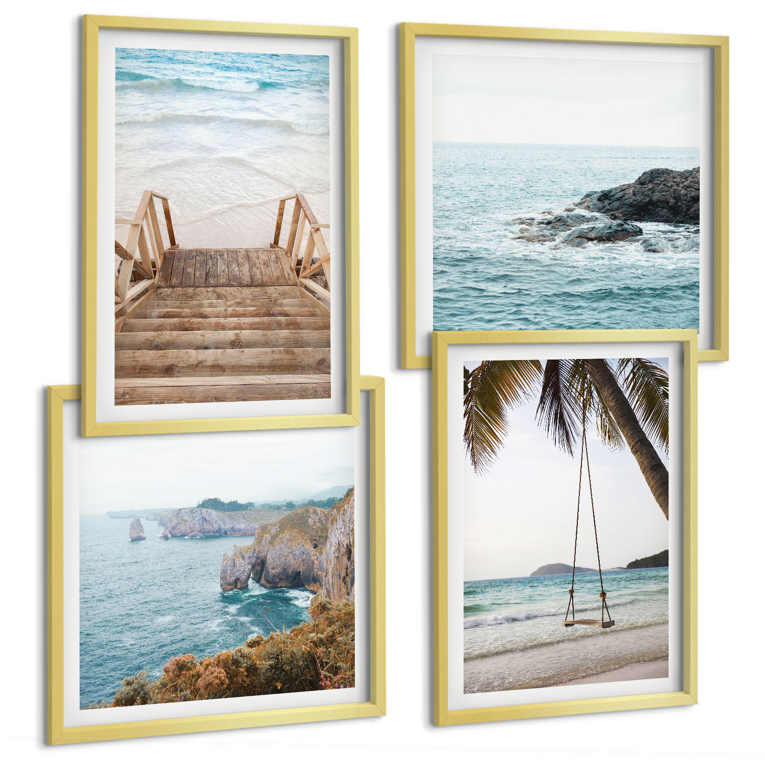 BILDER SET 4er Set - 50x50 cm & 40x60 cm Goldrahmen - Treppe, Strand, Meerblick, Schaukel - Goldfarben, Kunststoff (50/50cm) - TULUP