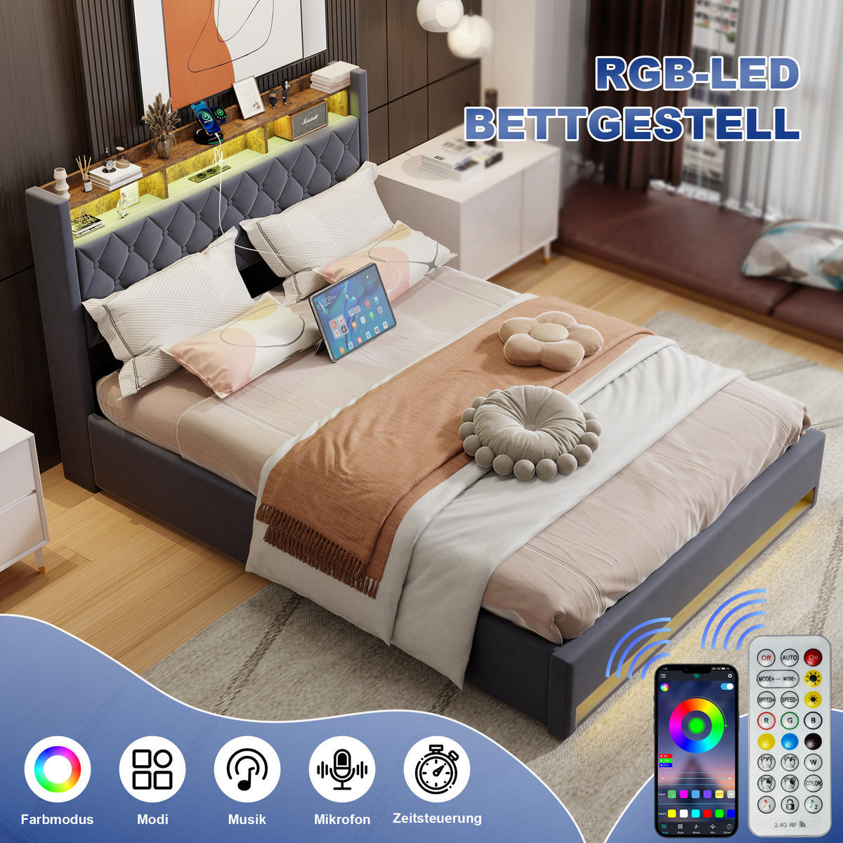 POLSTERBETT 160/200 cm aus Samt in Dunkelgrau mit Lattenrost - Grau, Textil (160/200cm) - BEAOK