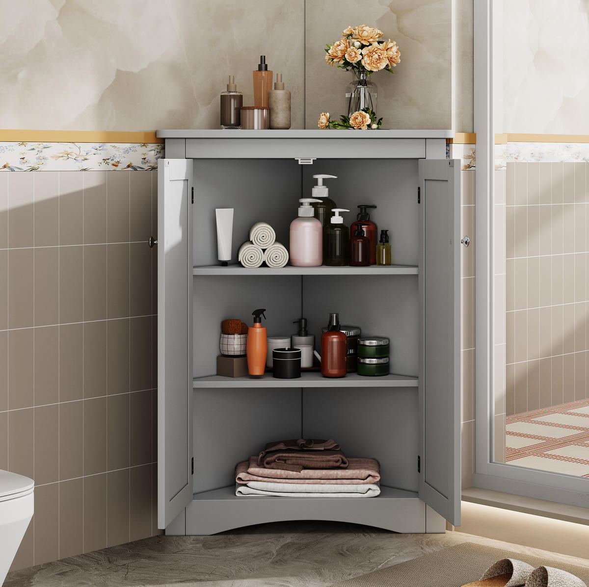 ROHOVÁ skrinka z MDF 61,5x34,5x80 cm sivá s 2 dvierkami a 3 úložnými priehradkami - sivá, kompozitné drevo (34.5/90/61.5cm) - Modfu