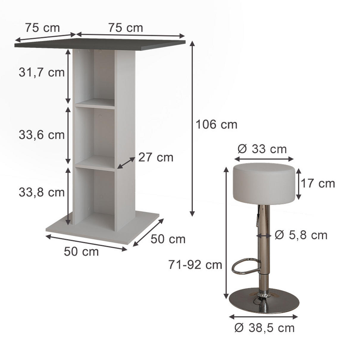 STOJACÍ BAROVÝ STŮL SE ŽIDLEMI Repose Bílá/antracitová - bílá/antracitová, kompozitní dřevo (75/75/106cm) - Vicco