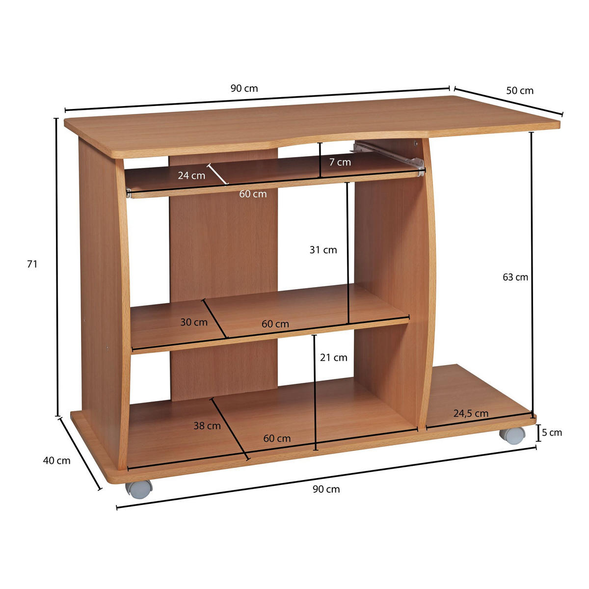 SCHREIBTISCH Computertisch Rollen 3D-Ecken, Beige 90x50x71 cm - Beige/Weiß, Holz (50/90/71cm) - KADIMA DESIGN