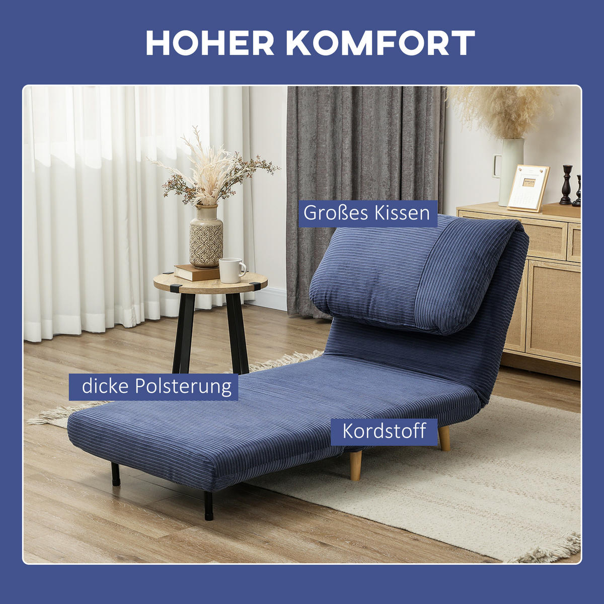 2-IN-1 Schlafsofa Schlafsessel Klappmatratze Gästebett Klappbett Blau - Blau/Naturfarben, Holz/Textil (89/83/82cm) - HOMCOM