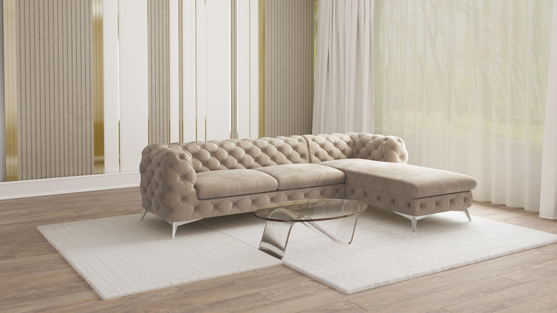 ECKSOFA Chesterfield Laura Dunkle Creme Samt - Silberfarben/Creme, Holz/Textil (305/200cm) - S-Style Möbel