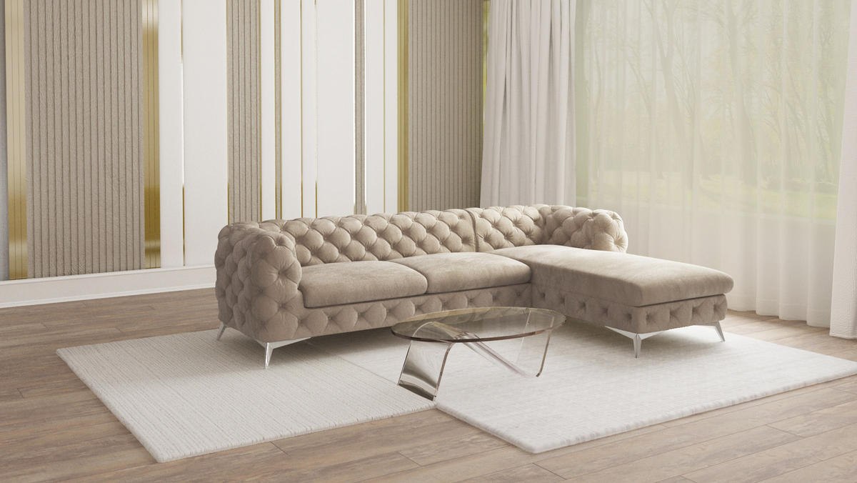 ECKSOFA Chesterfield Laura Dunkle Creme Samt - Silberfarben/Creme, Holz/Textil (305/200cm) - S-Style Möbel