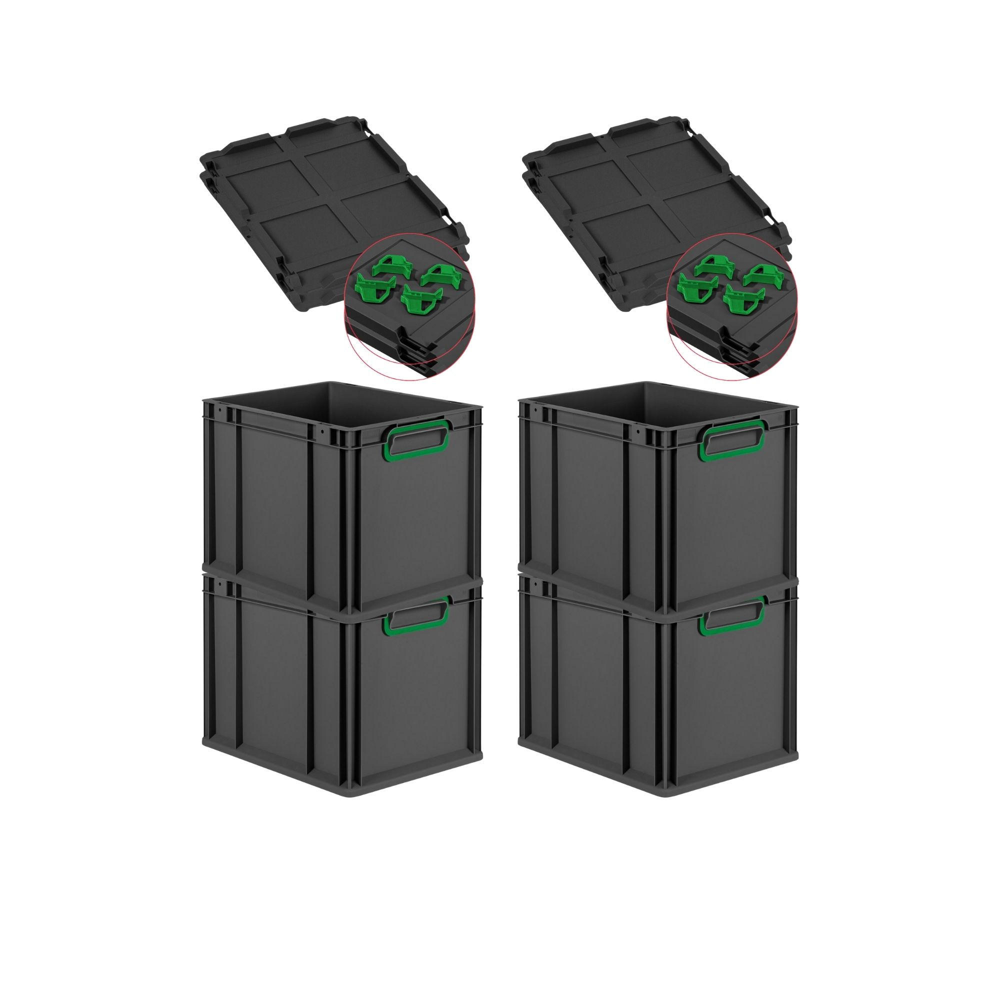 EUROBOX 4x NextGen Color mit Auflagedeckel 32x30x40 cm 30 Liter Schwarz Griffe grün zu - Schwarz/Grün, Kunststoff (30/32/40cm) - PROREGAL