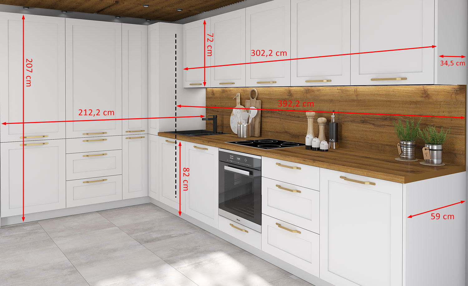 KÜCHENLEERBLOCK Oslo weiß matt / cashmere matt 212cm / 392cm / 207cm 13-teilig mit Vollauszug (HETTICH InnoTech Atira) - Beige/Weiß, Holzwerkstoff/Metall (212/207/392cm) - Feldmann-Wohnen
