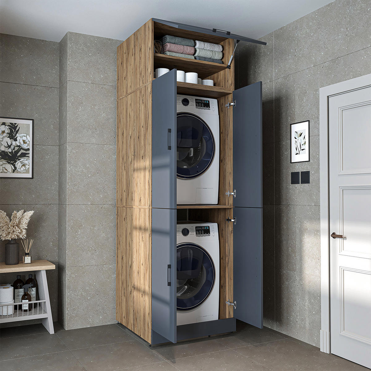WASCHMASCHINENSCHRANK DORA-II 70cm Breit, 230cm Hoch - Anthrazit, Holzwerkstoff (70/230/74cm)
