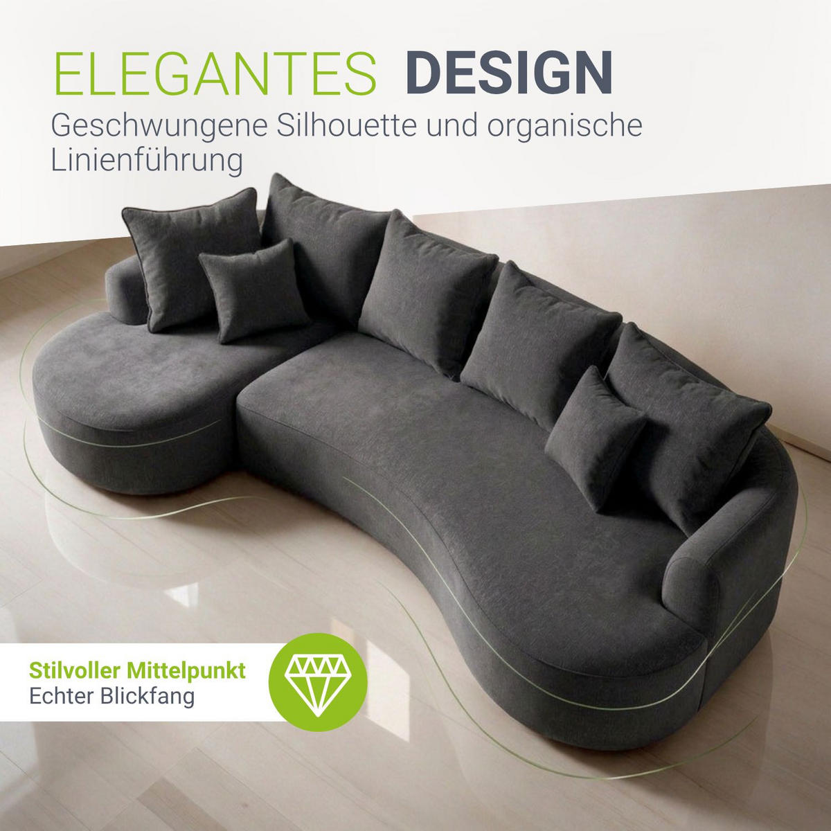 SOFA Tirano Samt Dunkelgrau mit Ottomane links - Dunkelgrau, Textil (102/300cm) - Juskys