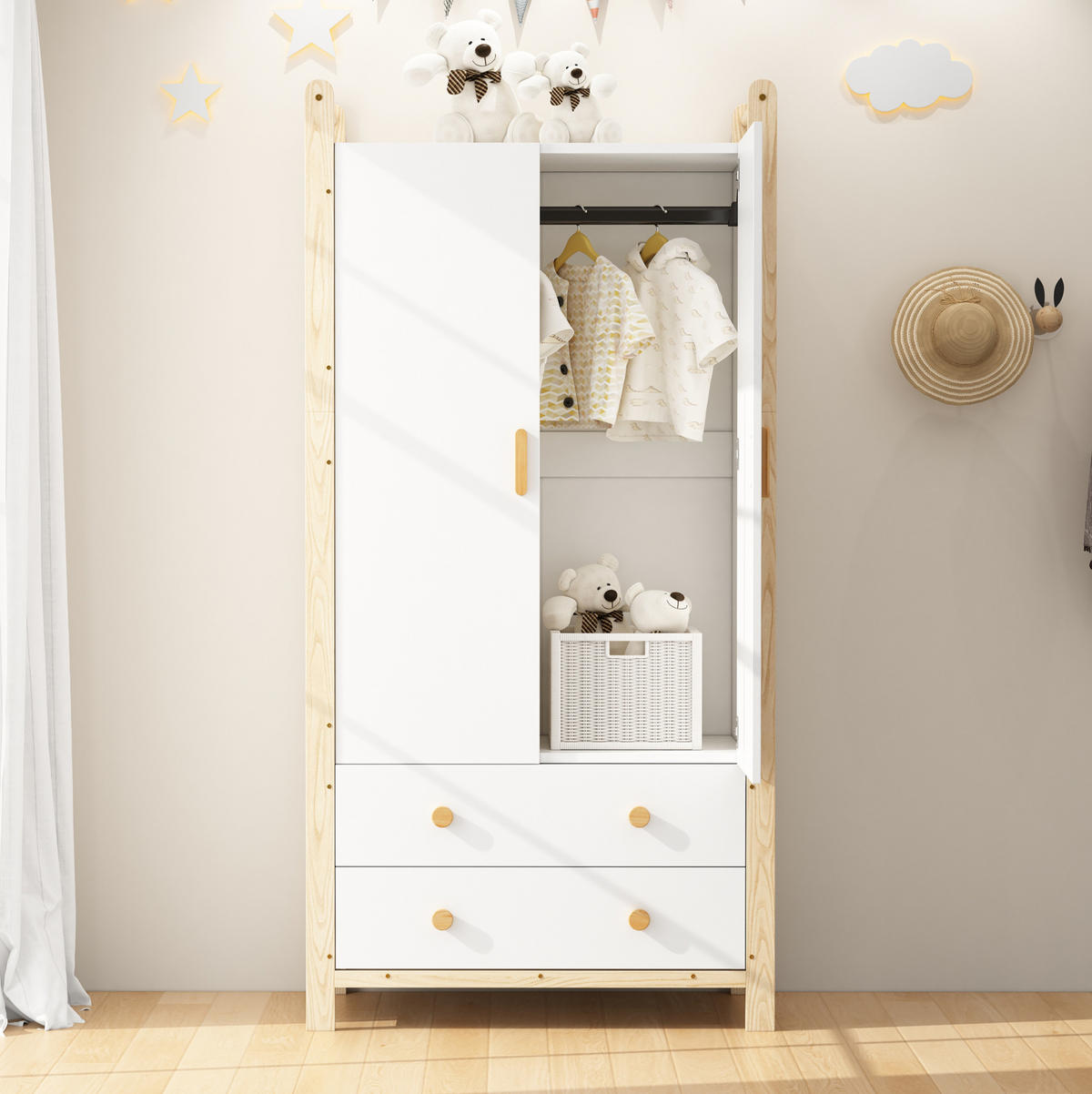 KLEIDERSCHRANK 89,6/44/180,5 cm Natur/Weiß aus Holzwerkstoff mit Kleiderstange und 2 Schubladen - Weiß, Holzwerkstoff (44/180.5/89.6cm) - OKWISH