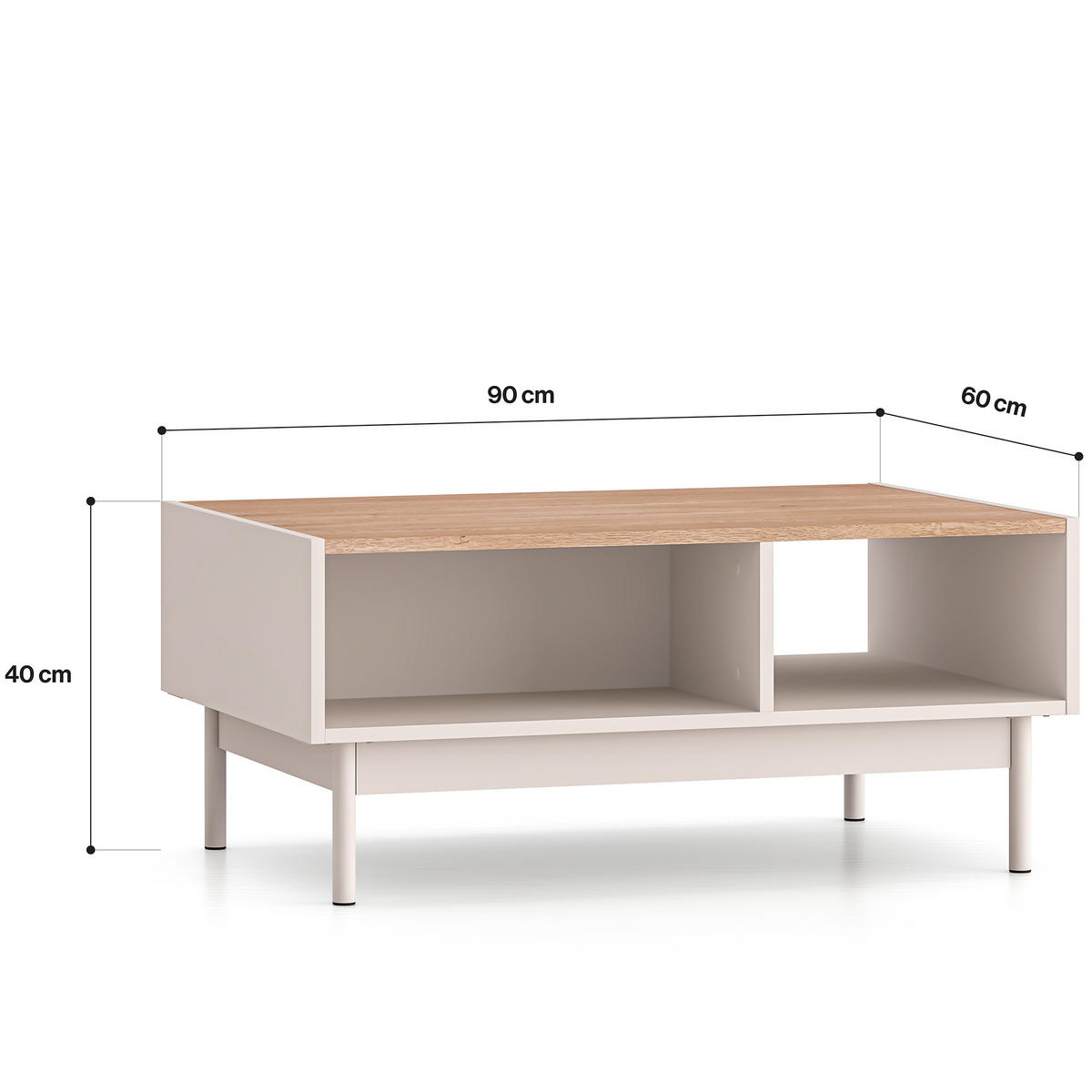 COUCHTISCH NALIA, Kaffeetisch, Creme/Eiche - Eichefarben/Creme, Holzwerkstoff/Metall (60/90/40cm) - KONSIMO®