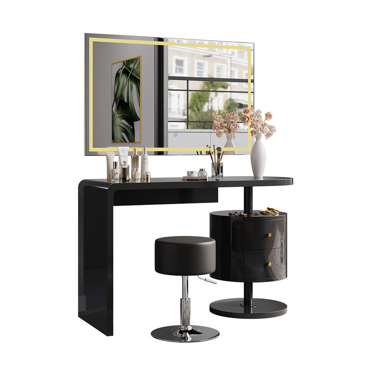 SCHMINKTISCH Lara Schwarz Hochglanz 120 cm mit LED-Spiegel und Hocker - Schwarz Hochglanz, Holzwerkstoff (120/76/50cm) - Vicco