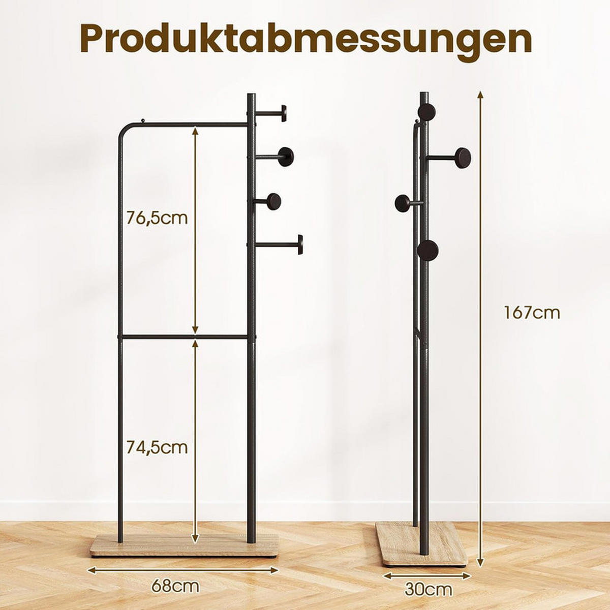 GARDEROBENSTÄNDER mit 2 Kleiderstangen schwarz - Schwarz, Metall (68/167/30cm) - COSTWAY