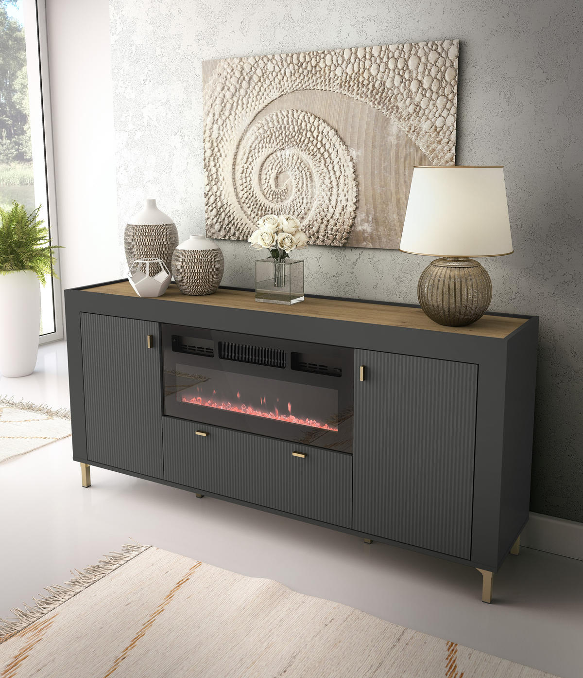 KOMMODE mit Kamin Mossa Schwarz, Zweitürige Kommode mit Schubladen und LED - Goldfarben/Schwarz, Holzwerkstoff (177/84/40cm) - Bettso