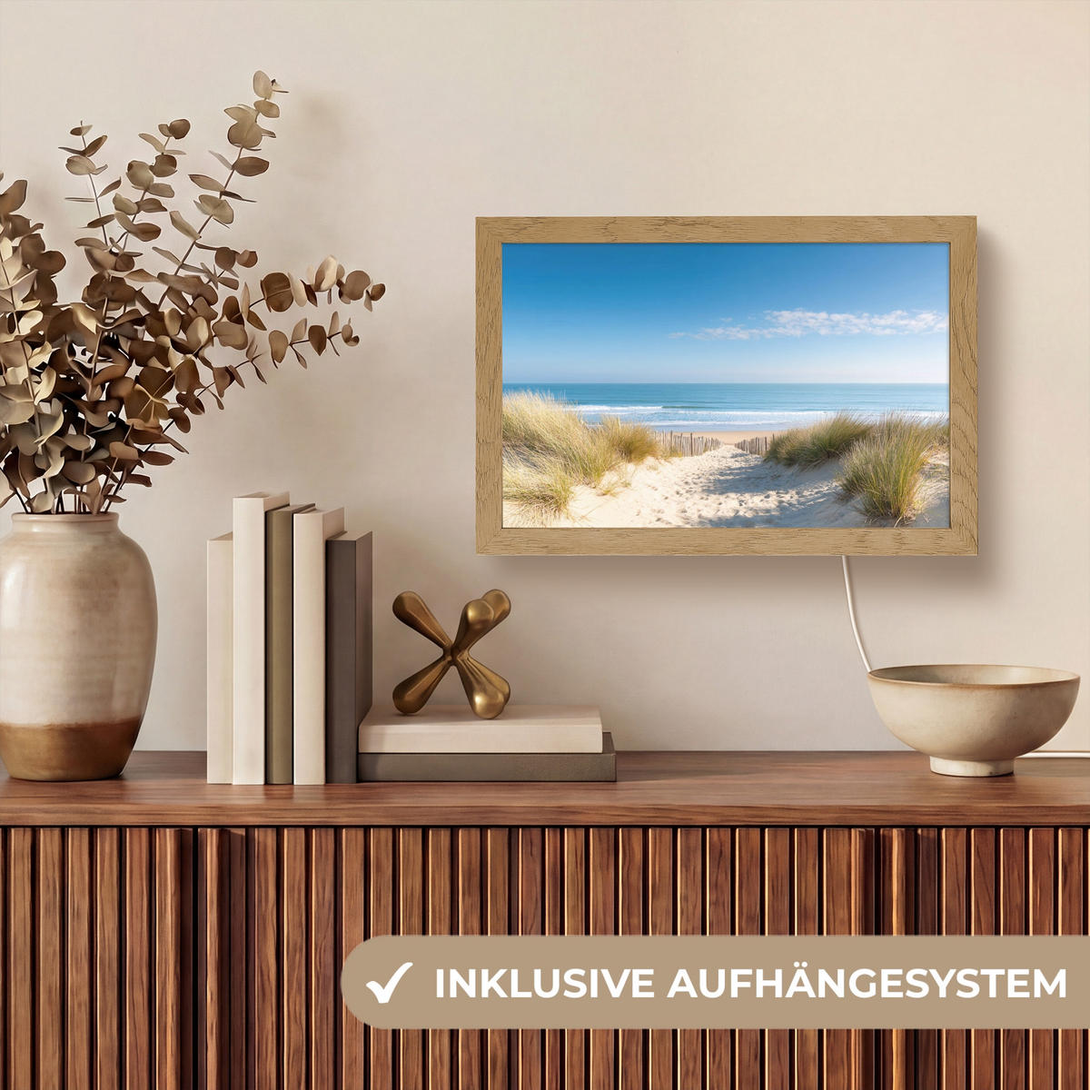NÁSTĚNNÁ LAMPA Pláž - moře - duny - písek - léto 30x20 cm - písková barva, kompozitní dřevo (30/20/8cm) - OnlyWow