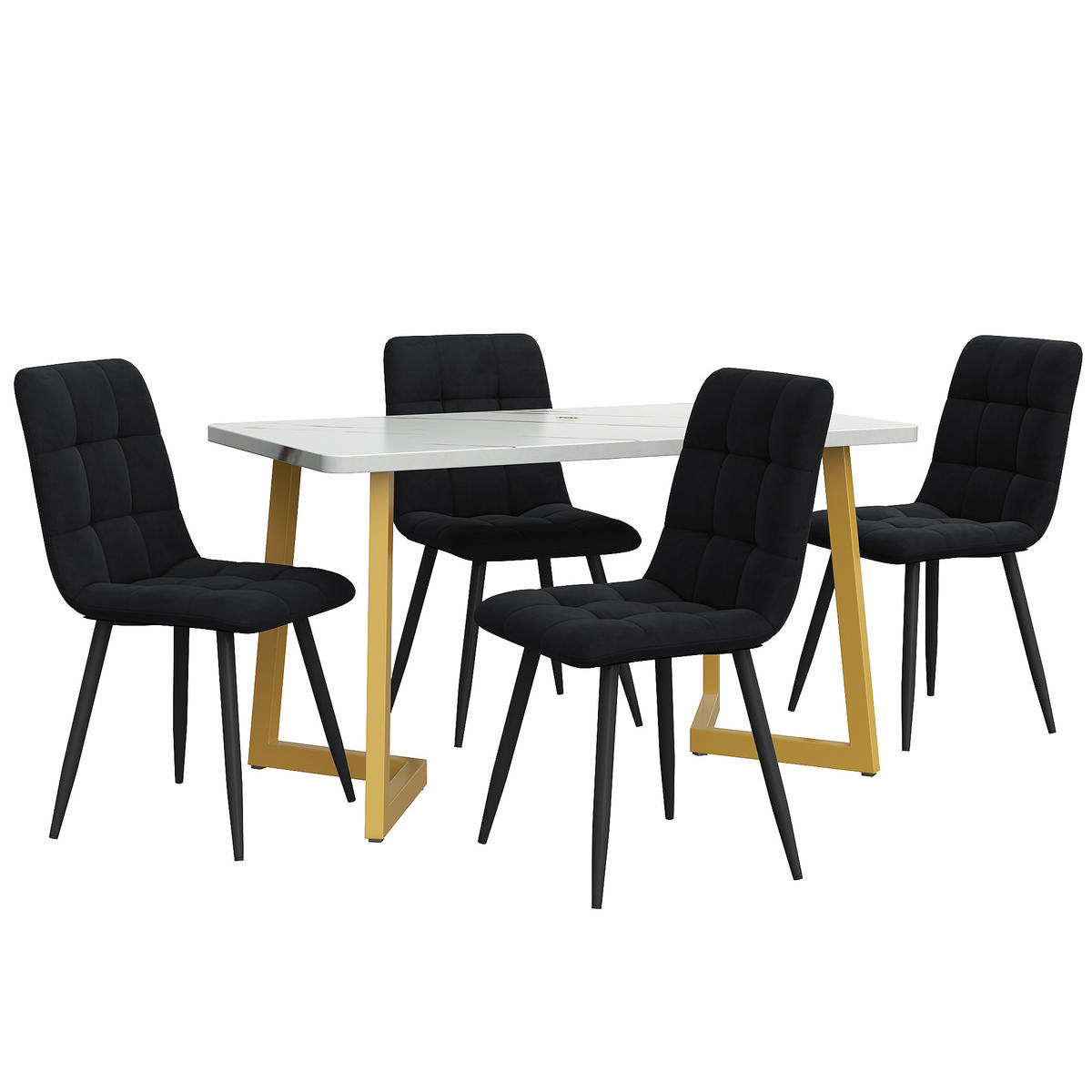 ESSZIMMER-SET 5-tlg mit rechteckigem Marmoroptik-Tisch, goldenen Beinen und vier Samtstühlen im kompakten modernen Stil, weiß-schwarz - Schwarz, Holzwerkstoff (68/75/117cm) - Luhomfu