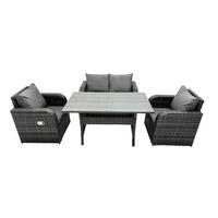 GARTENGARNITUR mit Liegestuhl,Zweisitzer Polyrattan Dunkelgrau 4-Sitzer - Dunkelgrau/Grau, Glas/Kunststoff - Fimous