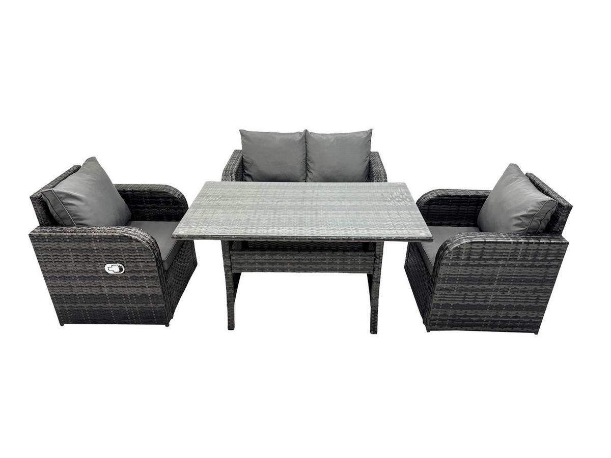 GARTENGARNITUR mit Liegestuhl,Zweisitzer Polyrattan Dunkelgrau 4-Sitzer - Dunkelgrau/Grau, Glas/Kunststoff - Fimous