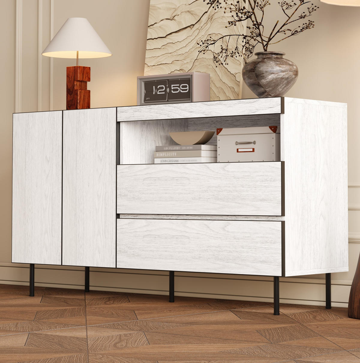 SIDEBOARD 140/42/77 cm Weiß aus Holzwerkstoff mit Schubladen - Weiß, Holzwerkstoff (140/77/42cm) - OKWISH