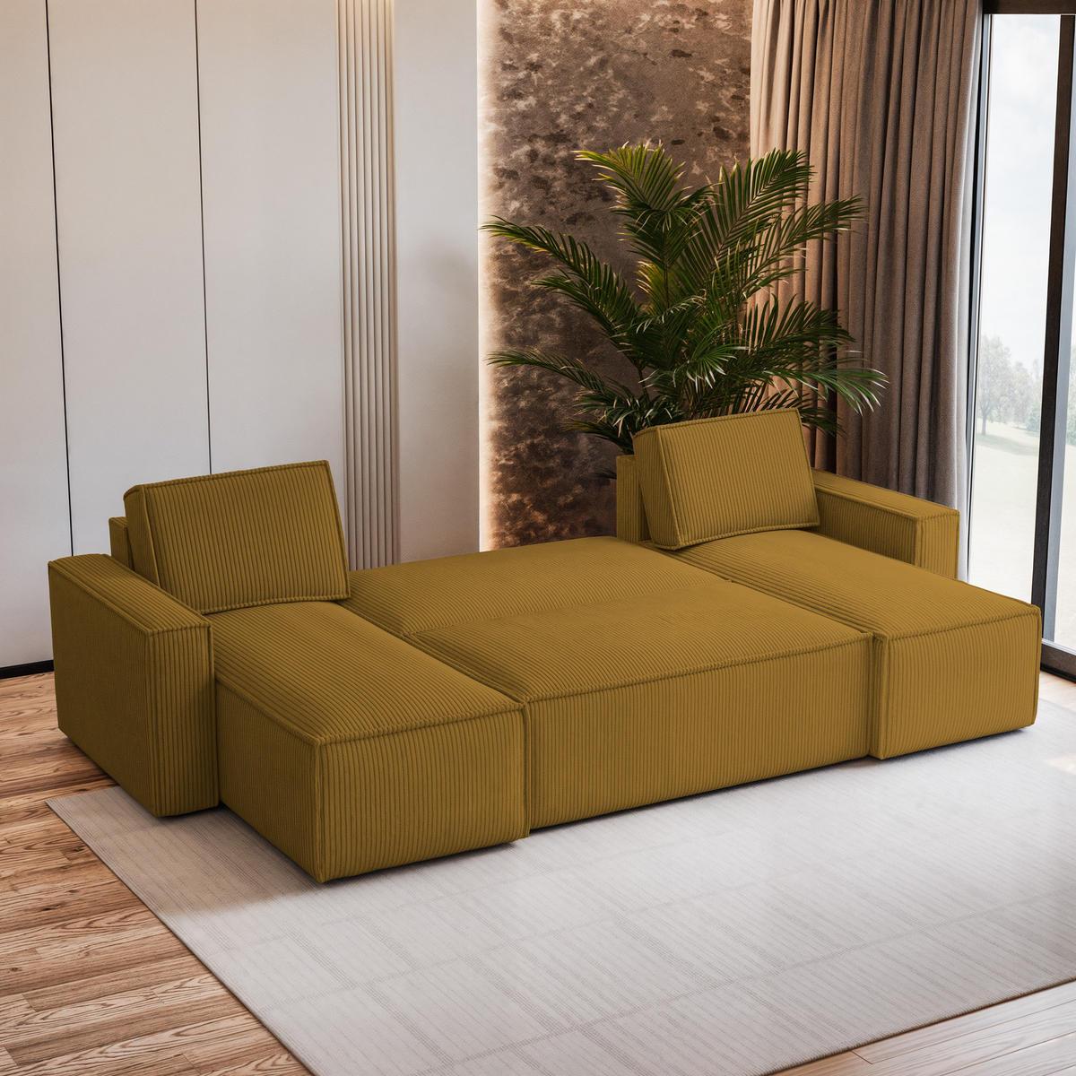 WOHNLANDSCHAFT PESANO P Gelb Kordstoff mit Schlaffunktion - Gelb, Holz (306/85/140cm) - MASSENO