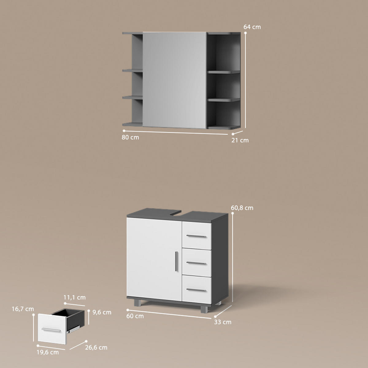 BADMÖBEL-SET Eisak Anthrazit 2 Teile - Anthrazit/Weiß, Holzwerkstoff (60/60/33cm) - Livinity®