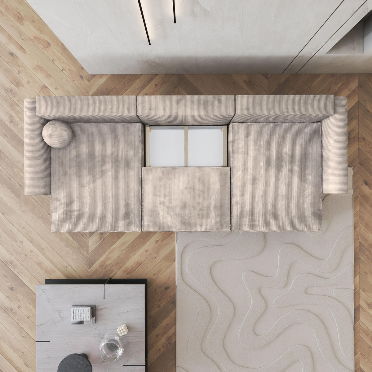 WOHNLANDSCHAFT FENTO P Creme Kordstoff mit Schlaffunktion - Creme, Holz (347/90/148cm) - MASSENO