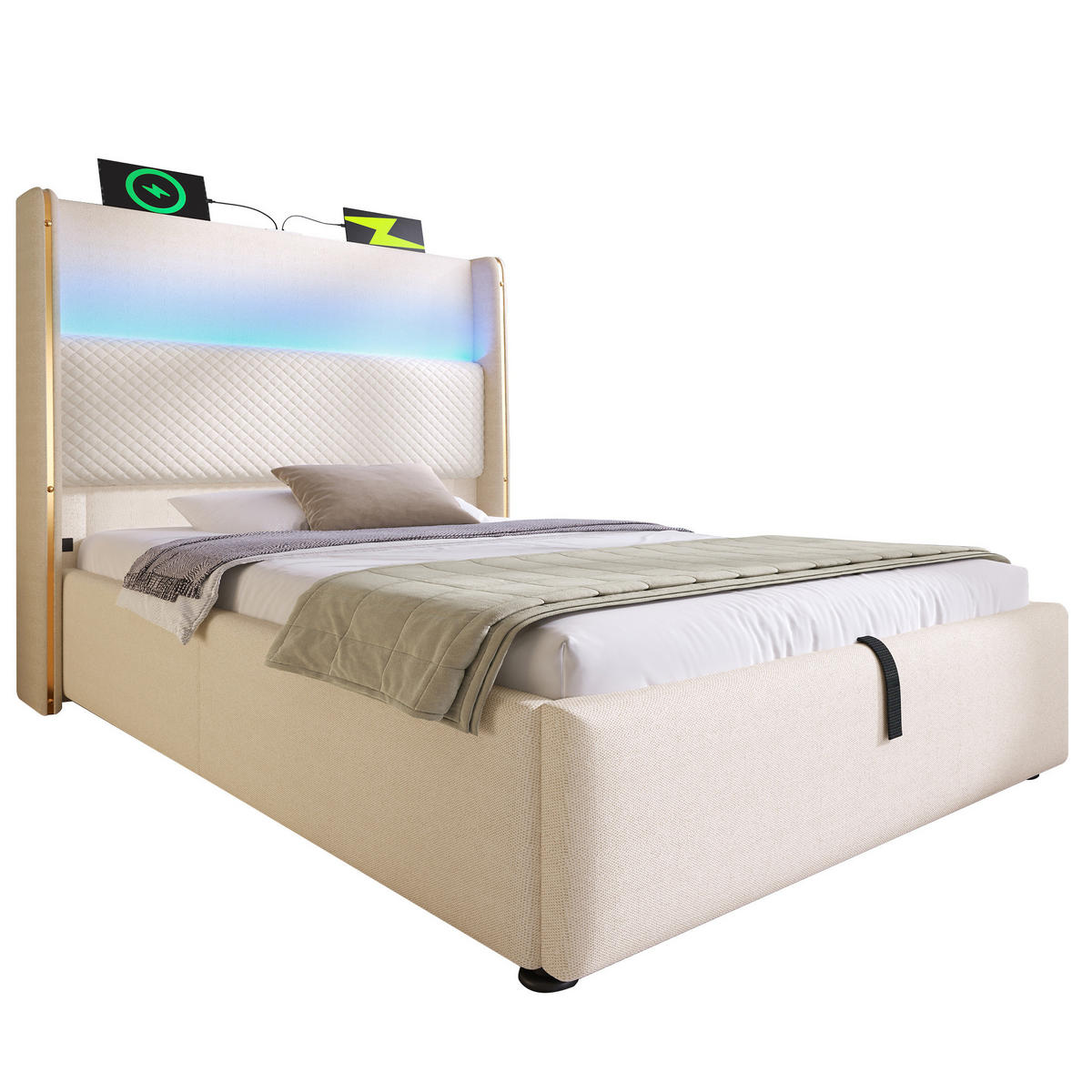ČALOUNĚNÁ postel 90/200 cm béžová z lnu s LED osvětlením USB-C a úložným prostorem - béžová, textil (90/200cm) - OKWISH