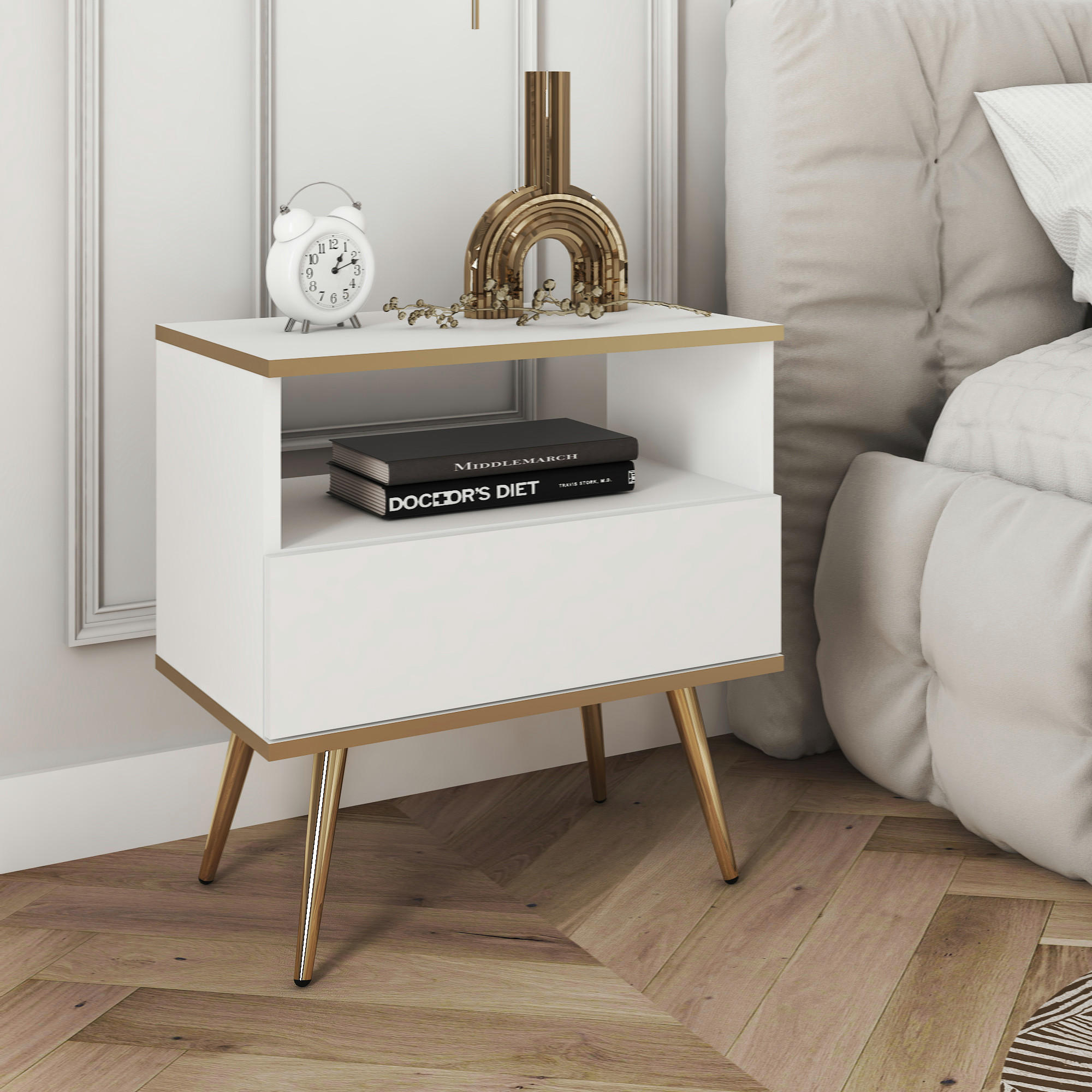 NACHTTISCH BANFF STO1-1S Goldene Metallbeine, Weiß - Weiß, Holzwerkstoff/Kunststoff (54/59/39cm) - Komodee