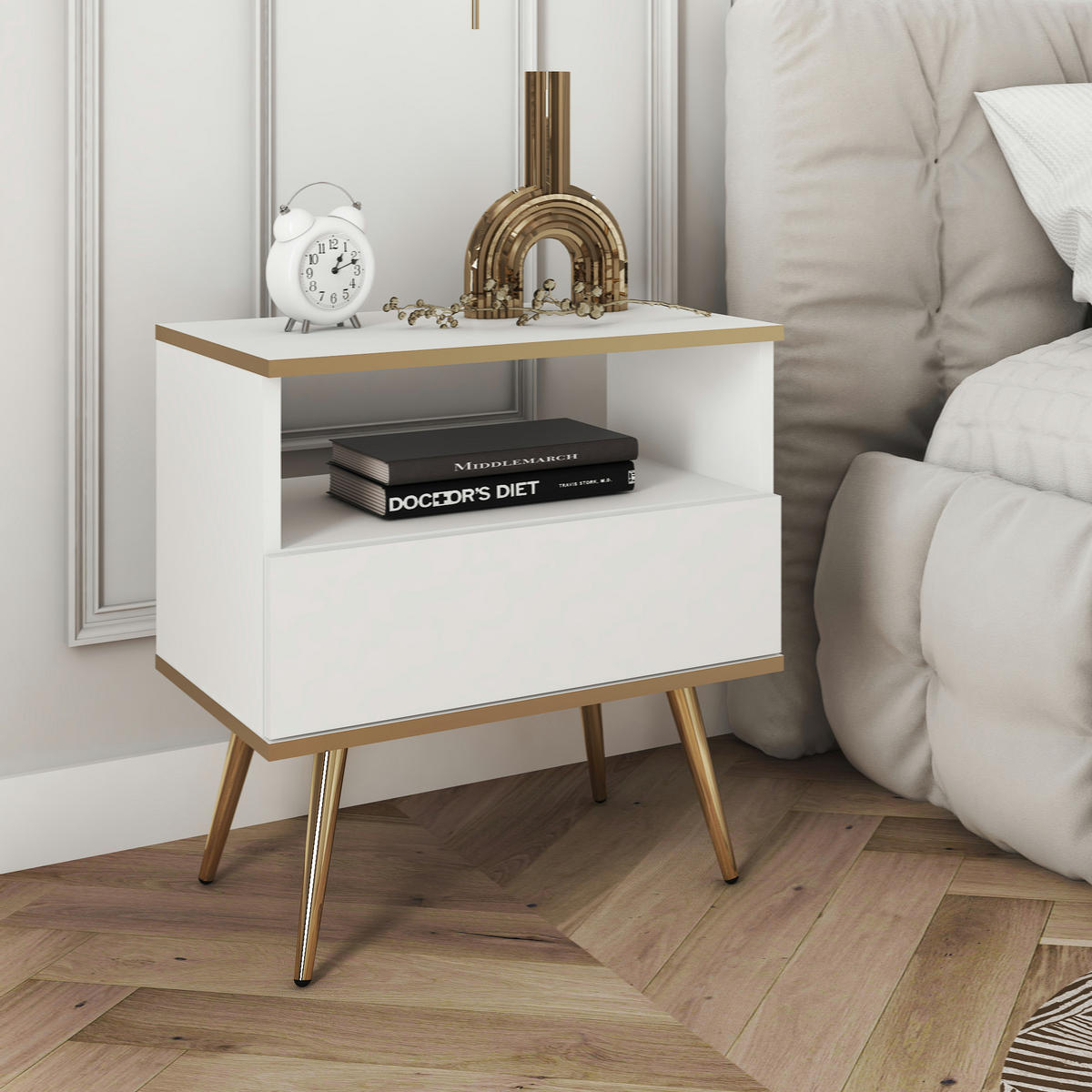 NACHTTISCH BANFF STO1-1S Goldene Metallbeine, Weiß - Weiß, Holzwerkstoff/Kunststoff (54/59/39cm) - Komodee