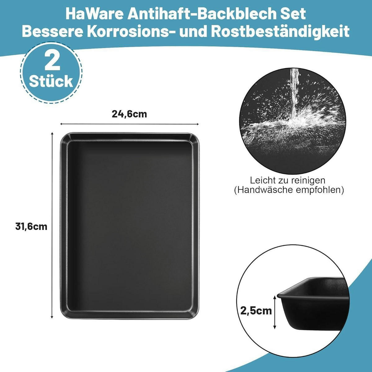 BACKBLECH 2er Set Antihaftbeschichtet 31,6 x 24,5 x 2,5 cm - Schwarz, Metall (24.5/2.5/31.6cm)