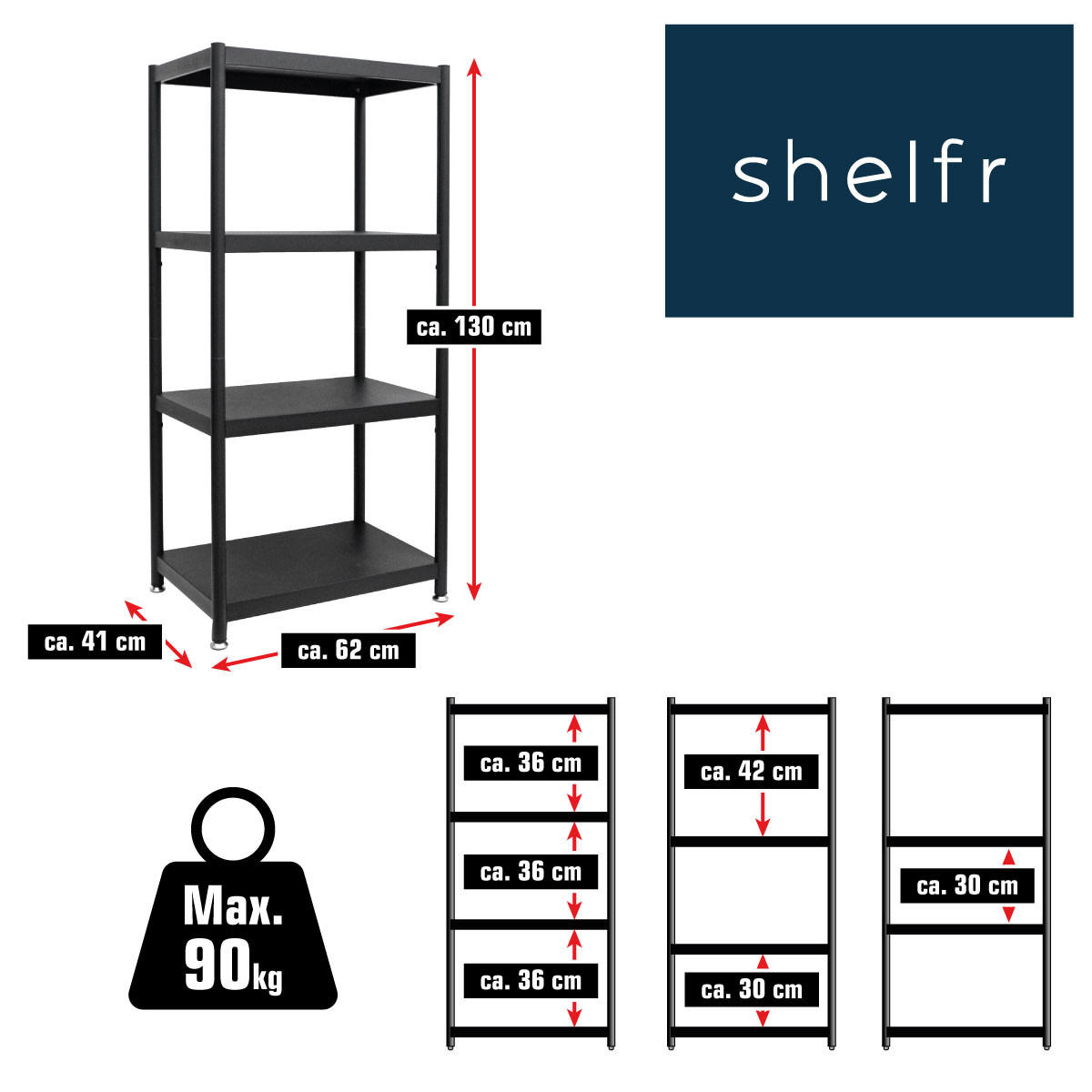 METALLREGAL 61x41x130 cm mit 4 Ebenen - Schwarz, Metall (41/130/61cm) - shelfr