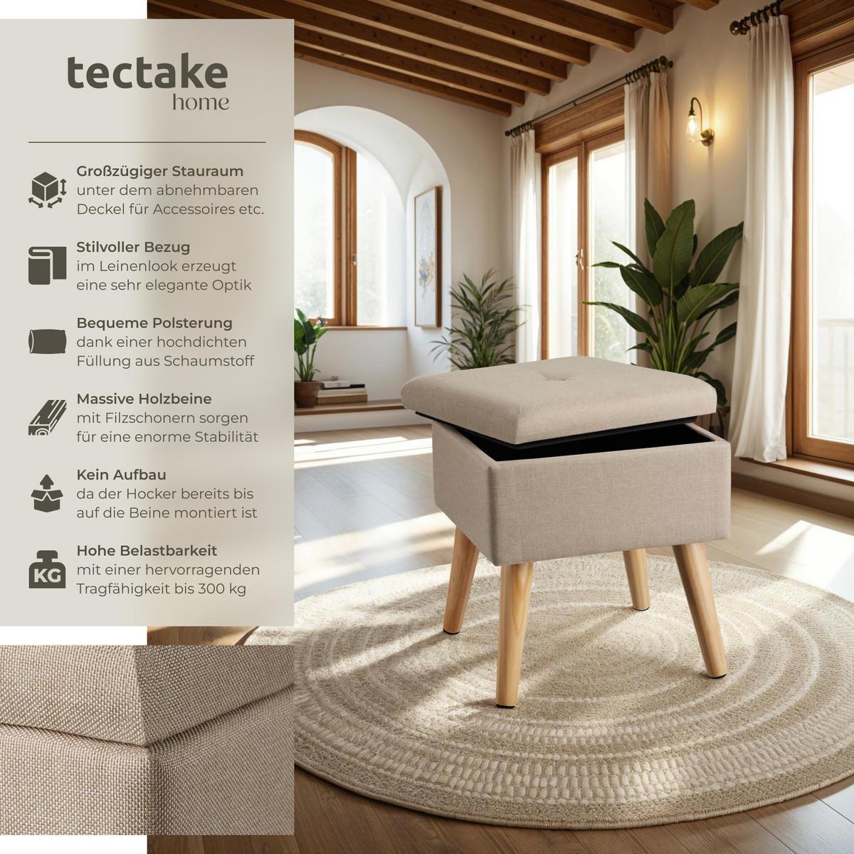 SITZHOCKER mit Stauraum Elva,32,5 x 32,5 x 36,5 cm,Sand - Sandfarben, Holz (32.5/36.5/32.5cm) - tectake