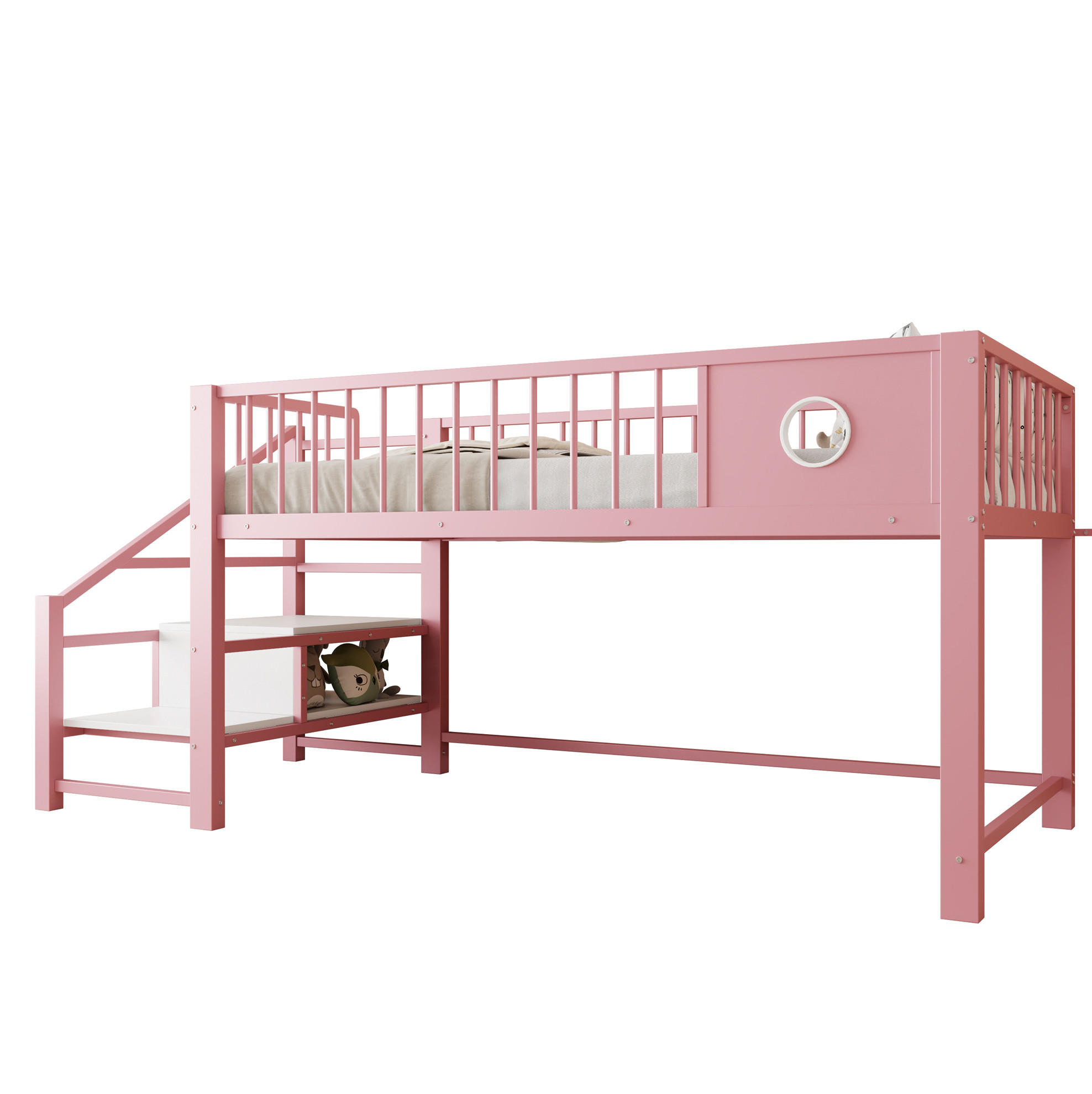 OKWISH NÍZKA patrová postel 90/200 cm růžová z kovu s úložným schodištěm