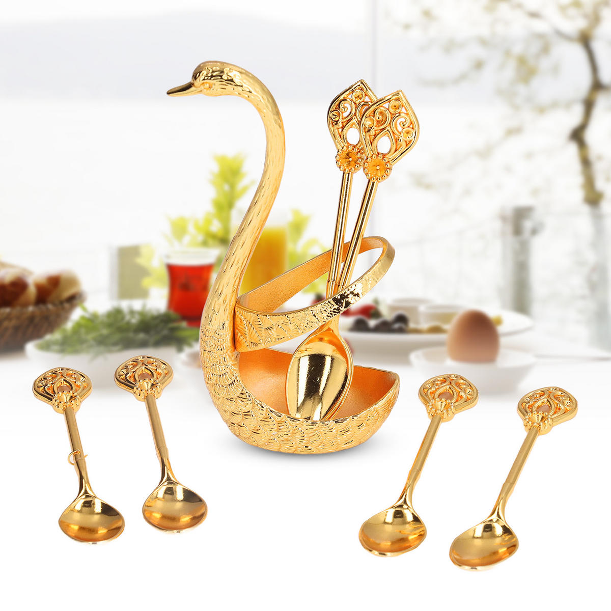 BESTECK-SET Gold Schwanen-Design, Zinklegierung, glänzend, Geschenkidee - Goldfarben, Metall