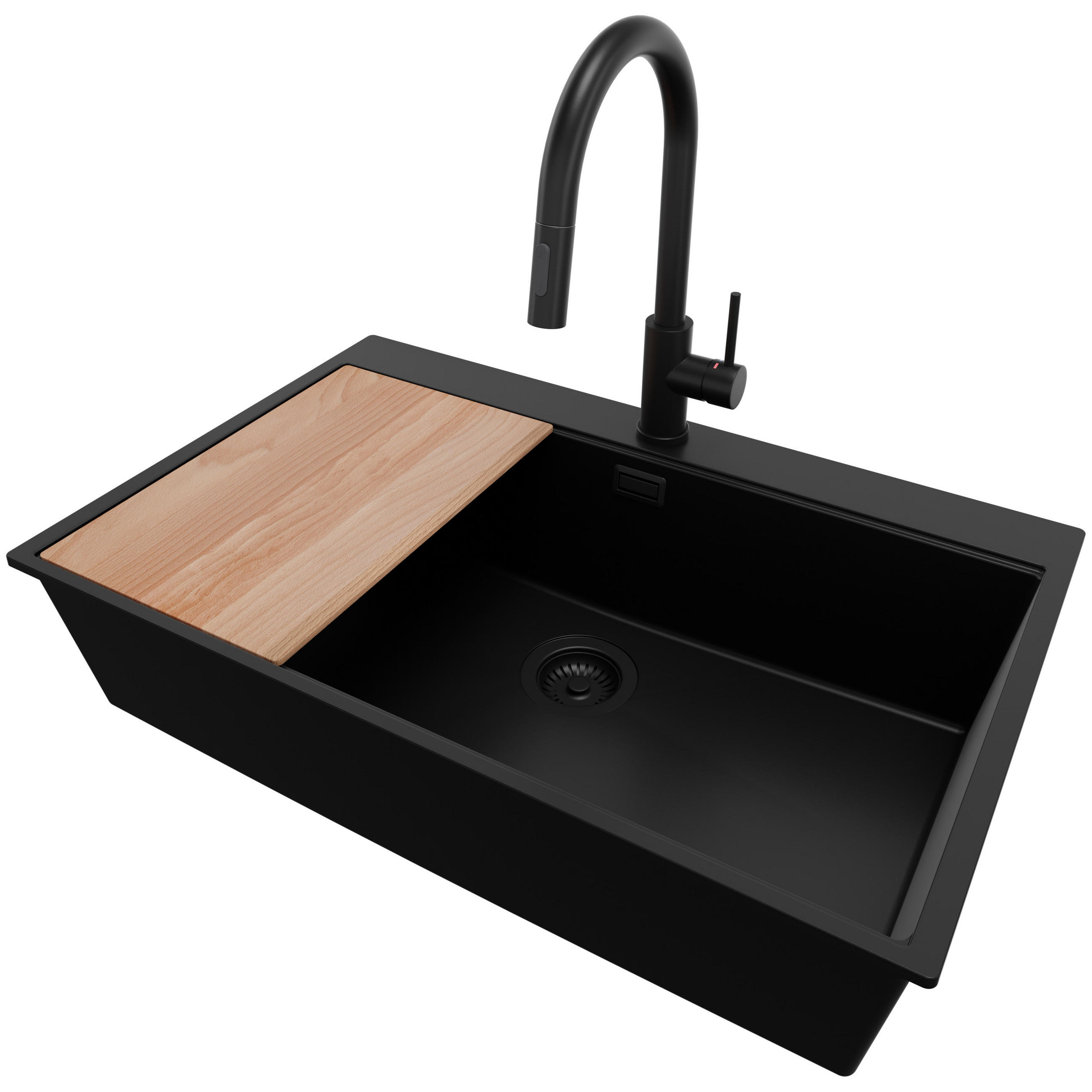 GRANITSPÜLE Oslo, 2-er set Alles Schwarz 78/50 cm 1 Becken + Küchenarmatur 40/20 cm + Ablauf-Set + Schneidebrett ab 80er Unterschrank - Beige/Schwarz, Kunststoff (78/20/50cm) - Primagran