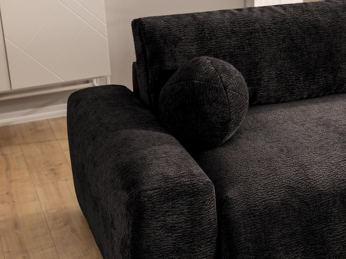 ECKSOFA Puffy mit Schlaffunktion und Bettkasten - besonders weich und puffig aus Braun Stoff mit Chenillestruktur - Ottomane rechts - Schwarz/Braun, Holz/Kunststoff (266/138cm) - S-Style Möbel