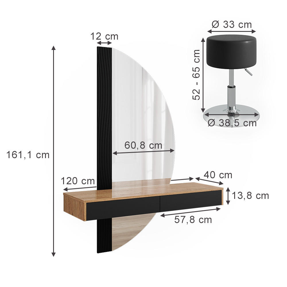 SCHMINKTISCH Melisa Schwarz 120 cm mit Beleuchtung und Hocker - Eichefarben/Schwarz, Holzwerkstoff (120/161.1/40cm) - Vicco