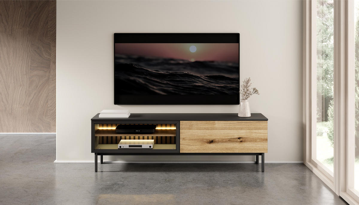 TV-BOARD mit Glas 180 cm Jotare, LED, Schwarz, Eiche Evoke - Schwarz, Holz (180/55/39cm) - Emporius
