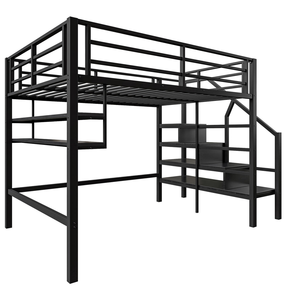 HOCHBETT 140/200 cm in Schwarz mit Stauraumleiter und Regalfächern - Schwarz, Metall (140/200cm) - Flora Grace