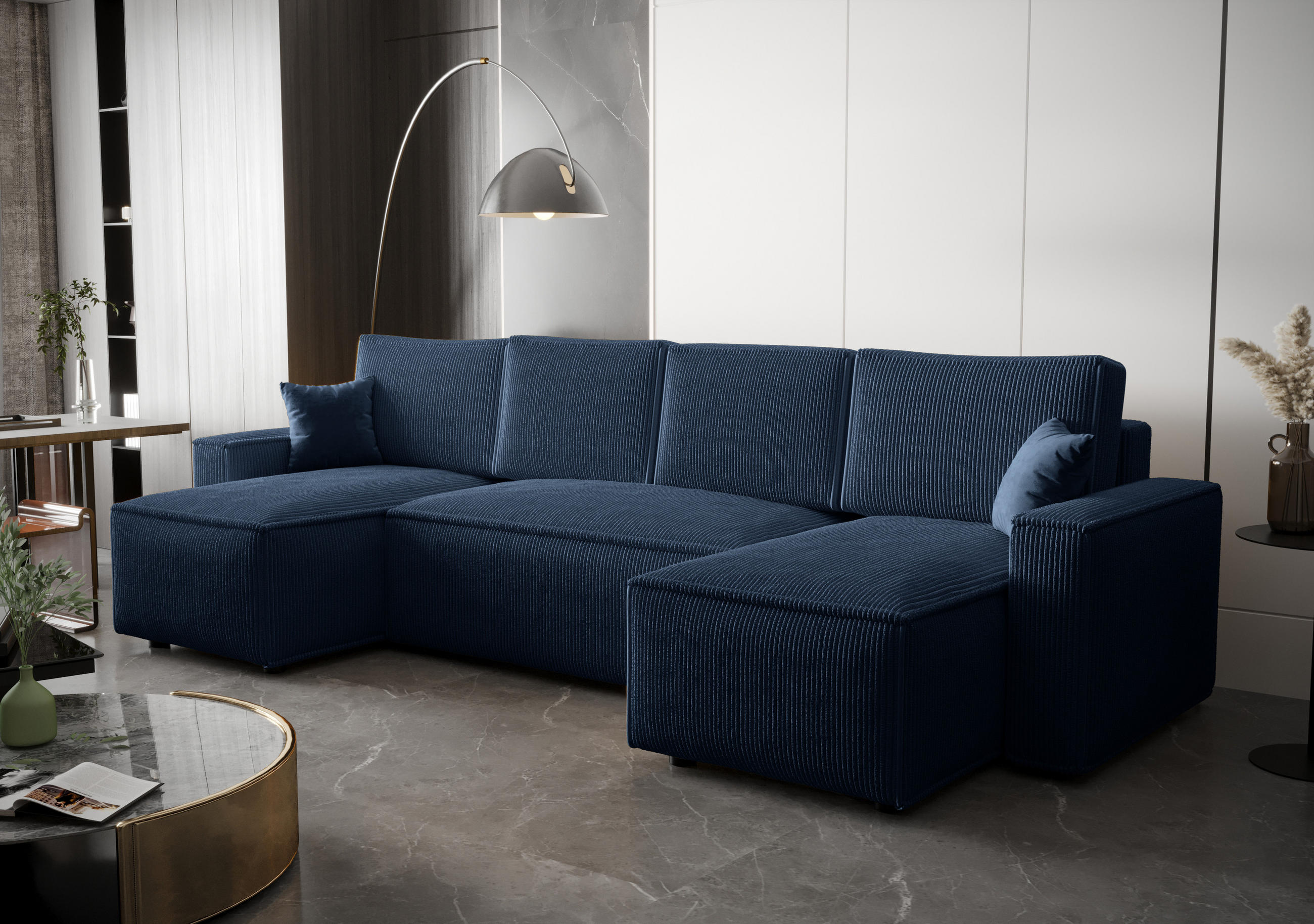 WOHNLANDSCHAFT U AMBRO Poso 05 mit Schlaffunktion U-Form, Sofa mit Stauraum - Blau, Textil (300/85/143cm) - Bedante