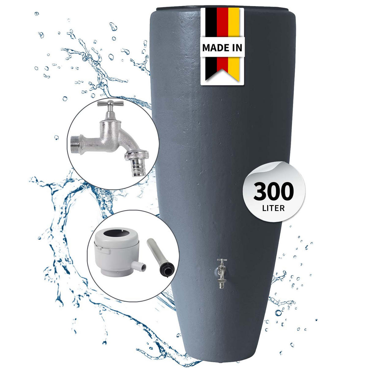2IN1 Regentonnen Komplett-Set 300 L graphite grey inkl. Chrom-Auslaufhahn und Fallrohranschluss - Grau, Kunststoff (62/145/62cm) - GARANTIA