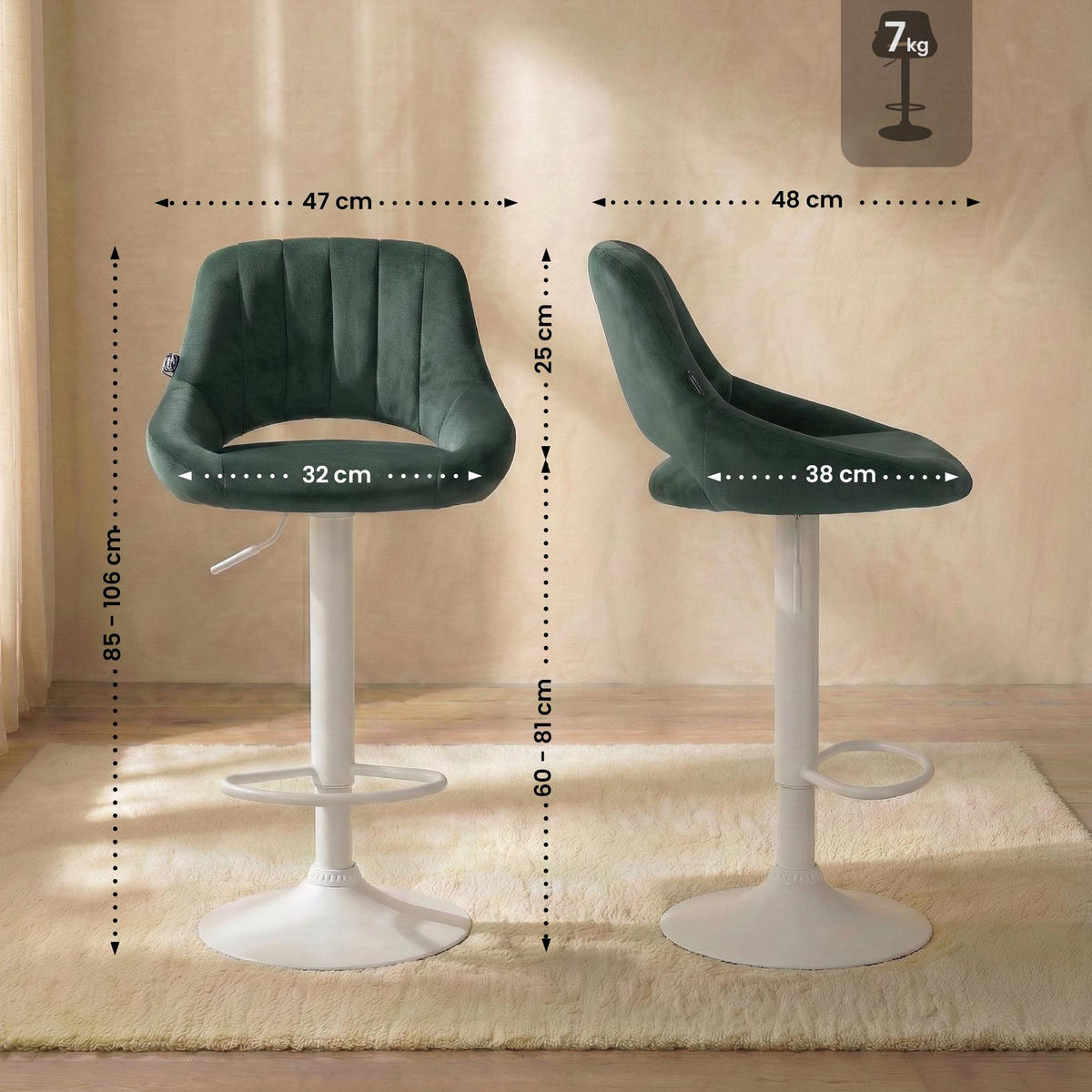 BARHOCKER Samt Grün - Weiß/Grün, Textil/Metall (47/85/48cm) - CLP
