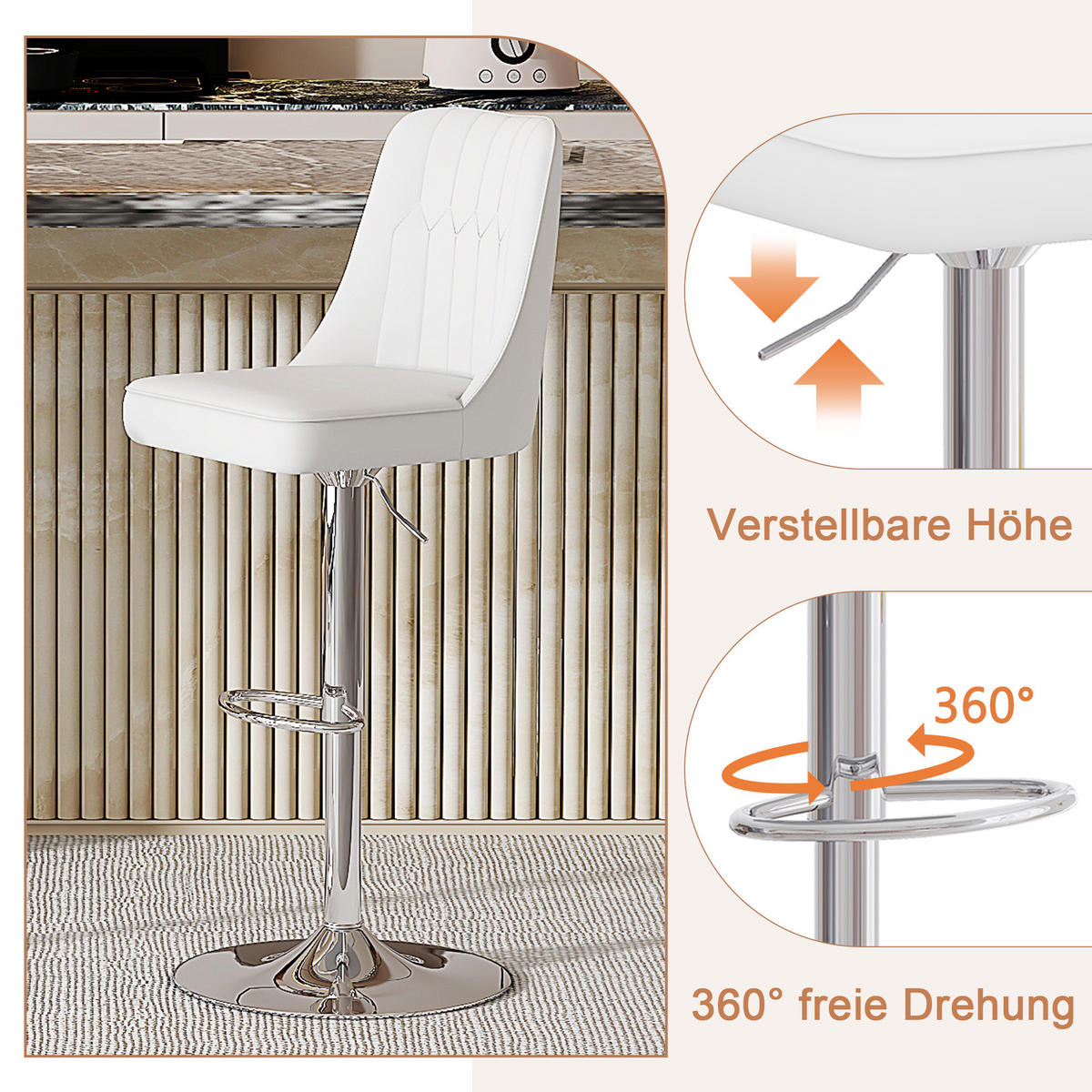 BARHOCKER Weiß 2er-Set Höhenverstellbar & Drehbar mit PU-Leder - Weiß, Metall (44/95.5/44cm) - PANGIVO