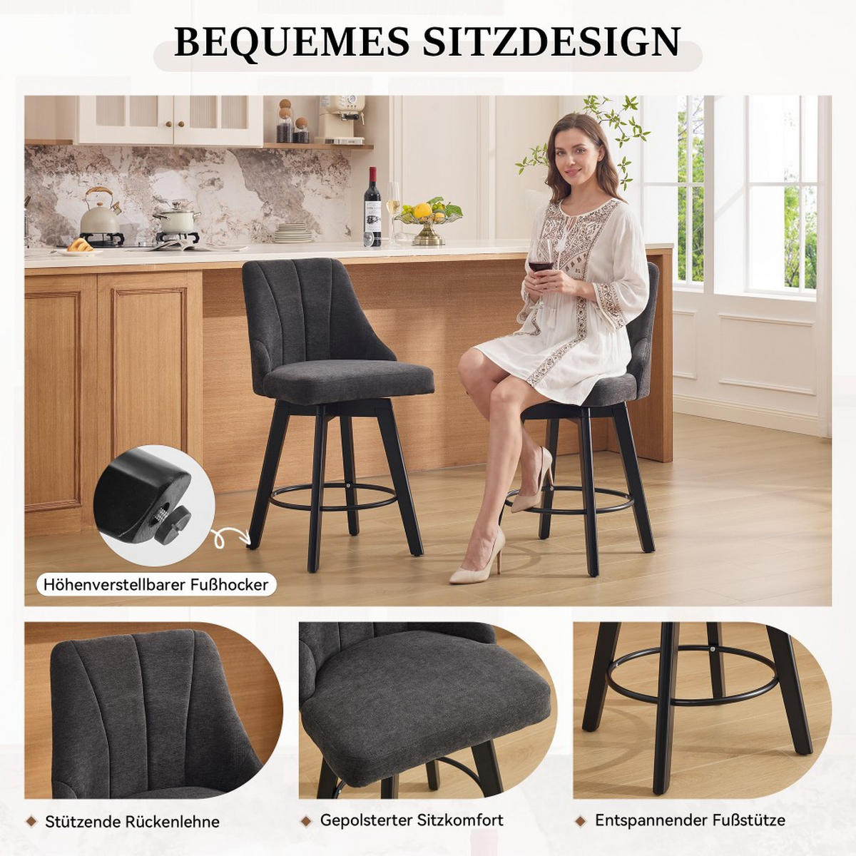 BARHOCKER 2er-Set Grau - Grau, Naturmaterialien (53/94.5/53.5cm)