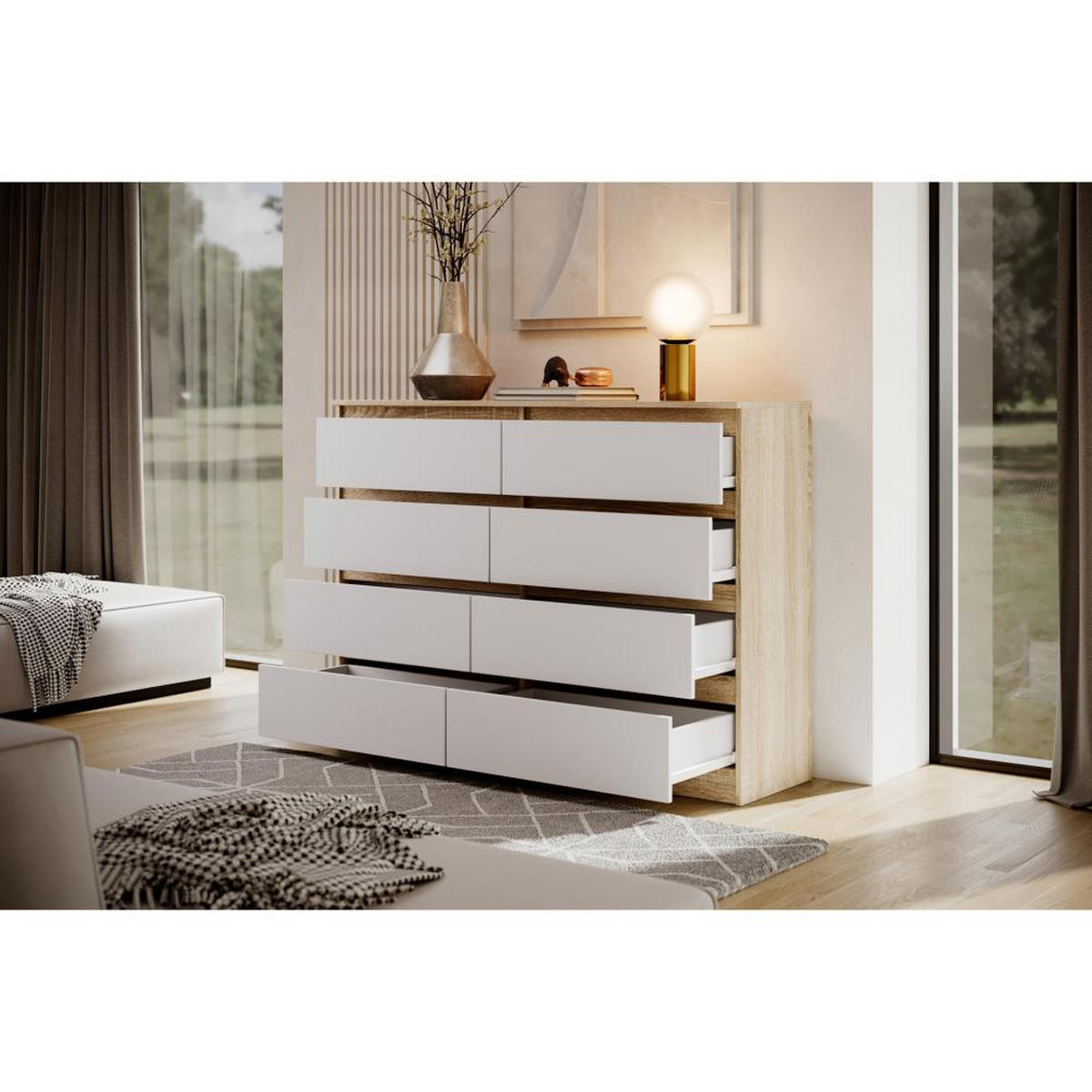 KOMMODE Lemon 140 cm mit acht Schubladen eiche Sonoma/weiß - Weiß/Sonoma Eiche, Holzwerkstoff (140/101.5/39cm) - Beautysofa
