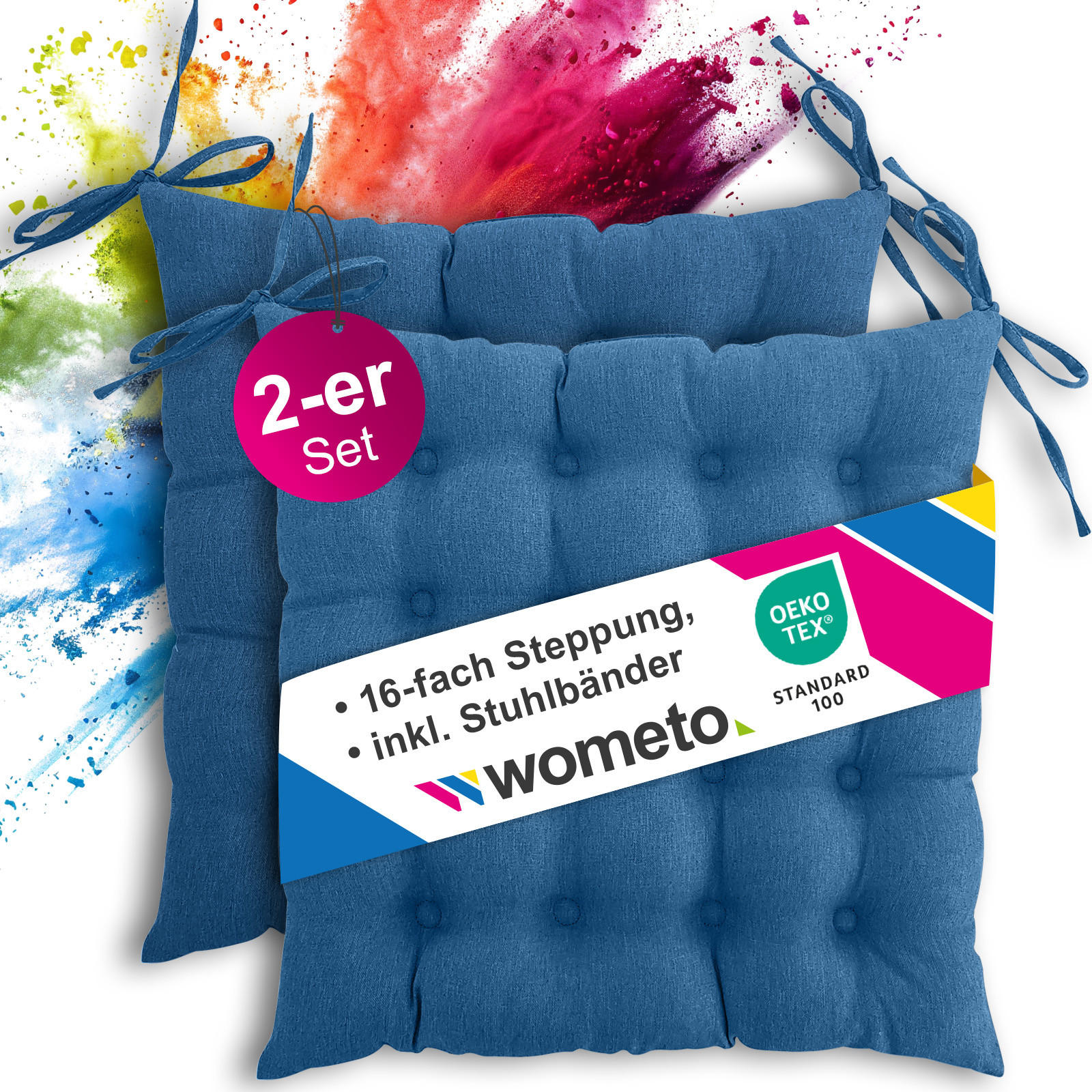 SITZKISSEN 2er Set 16-Punkt türkis 40/40 cm mit Steppung und Halte-Bändern - Türkis, Textil (40/40/4cm) - wometo