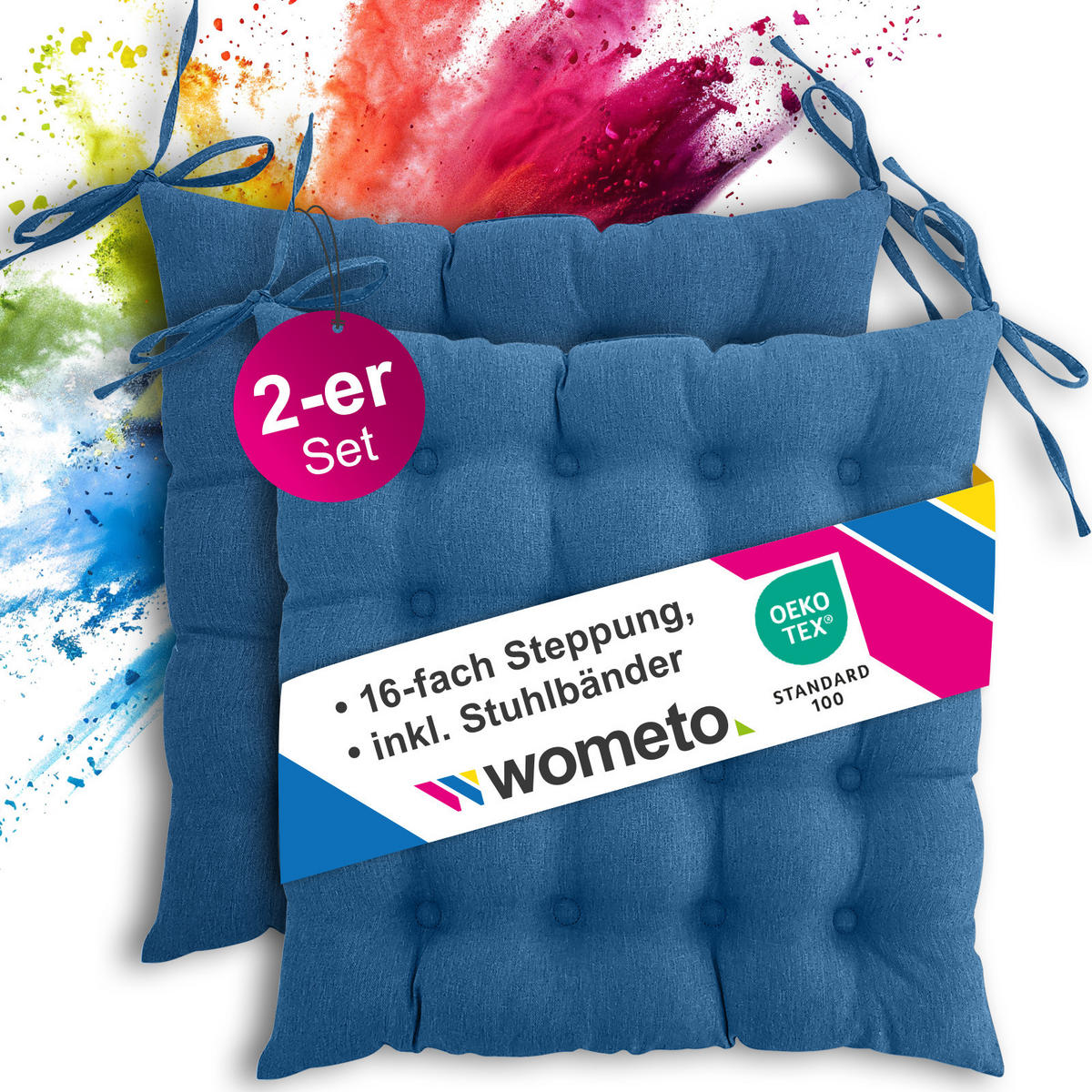 SITZKISSEN 2er Set 16-Punkt türkis 40/40 cm mit Steppung und Halte-Bändern - Türkis, Textil (40/40/4cm) - wometo